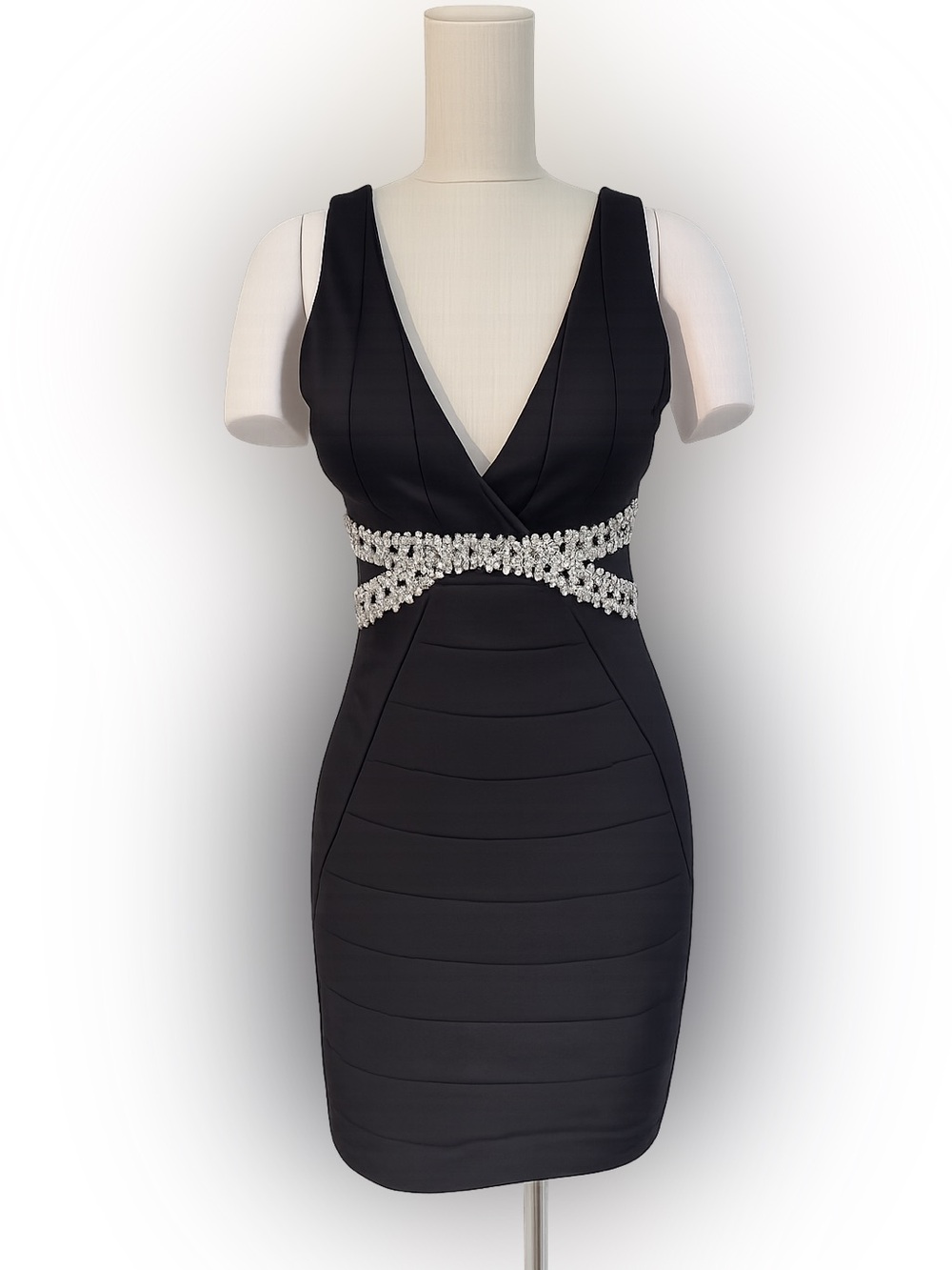 NWT Sky Black Bandage Bodycon Cocktail Dress Rhinestone Waist V-Neck Sz M